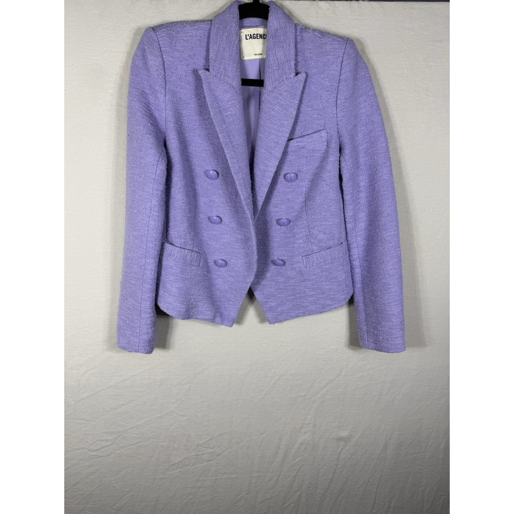 L'Agence Lavendar Lilac Tweed Brooke Open Front Cropped Blazer Size 0-2